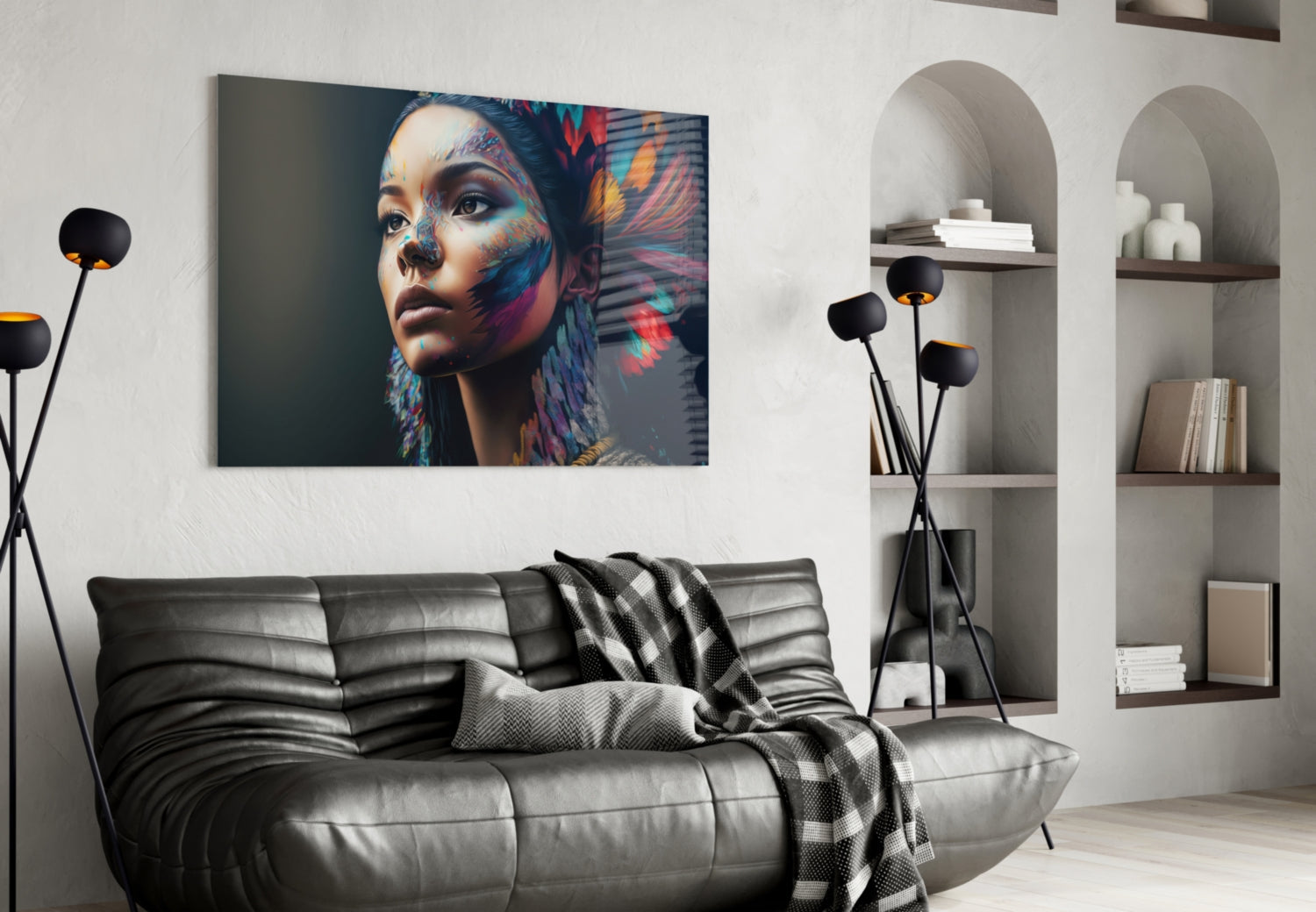 Rainbow Feather Headdress Painted Woman Glass Wall Art