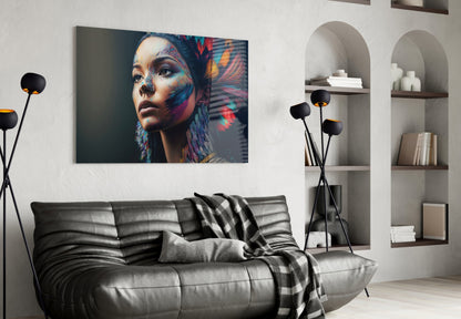 Rainbow Feather Headdress Painted Woman Glass Wall Art