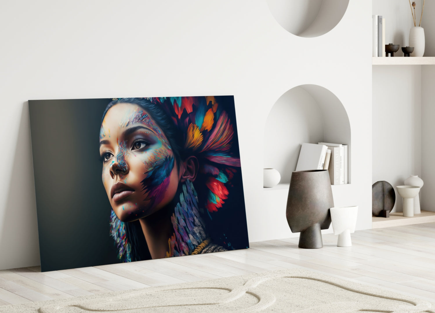 Rainbow Feather Headdress Painted Woman Glass Wall Art