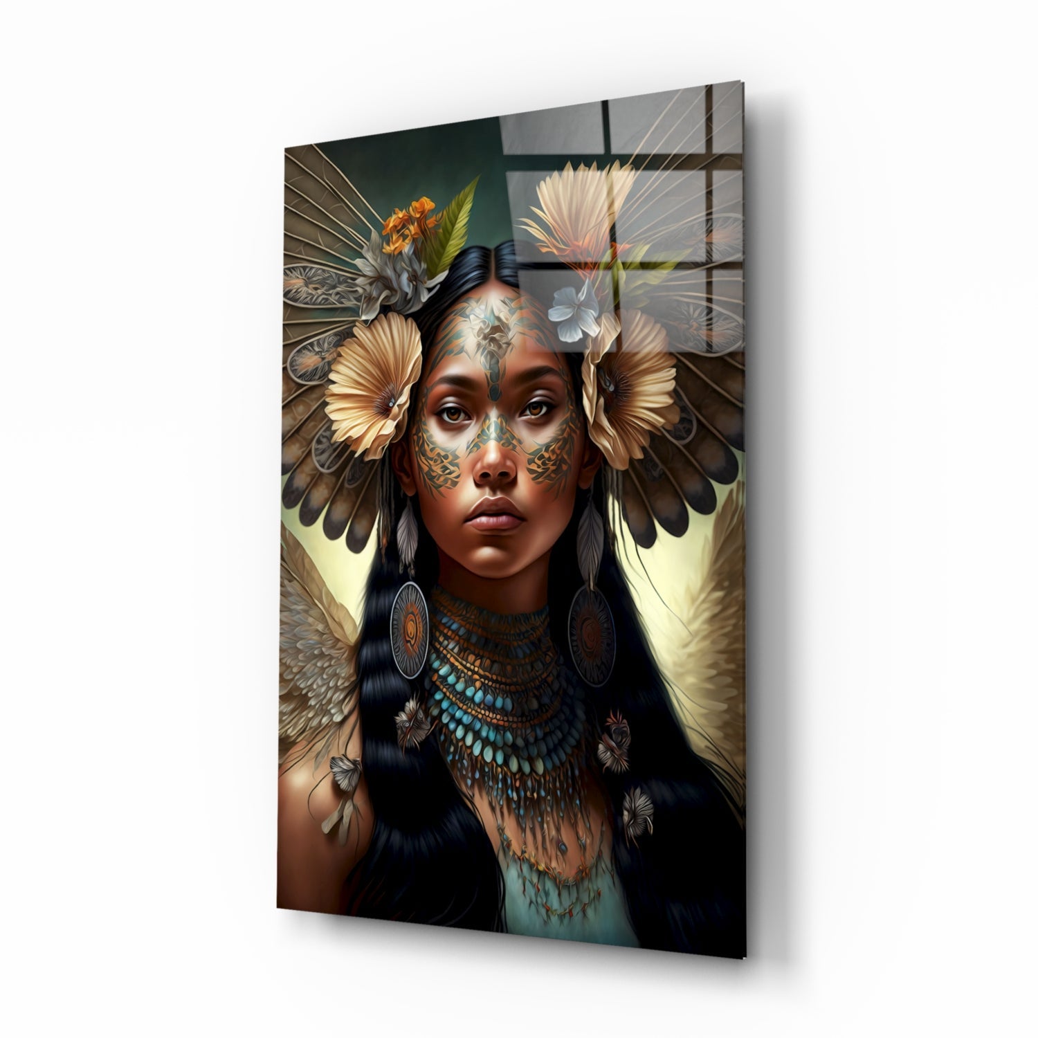 Turquoise Beaded Winged Flower Maiden Glass Wall Art