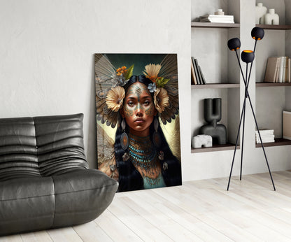 Turquoise Beaded Winged Flower Maiden Glass Wall Art