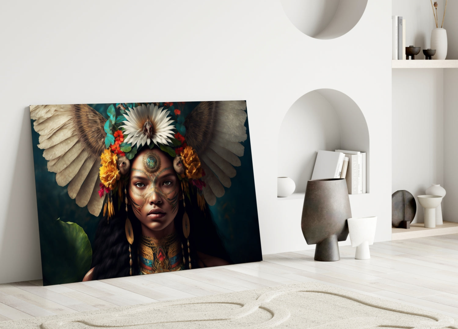 White Wings Daisy Crown Woman Glass Wall Art