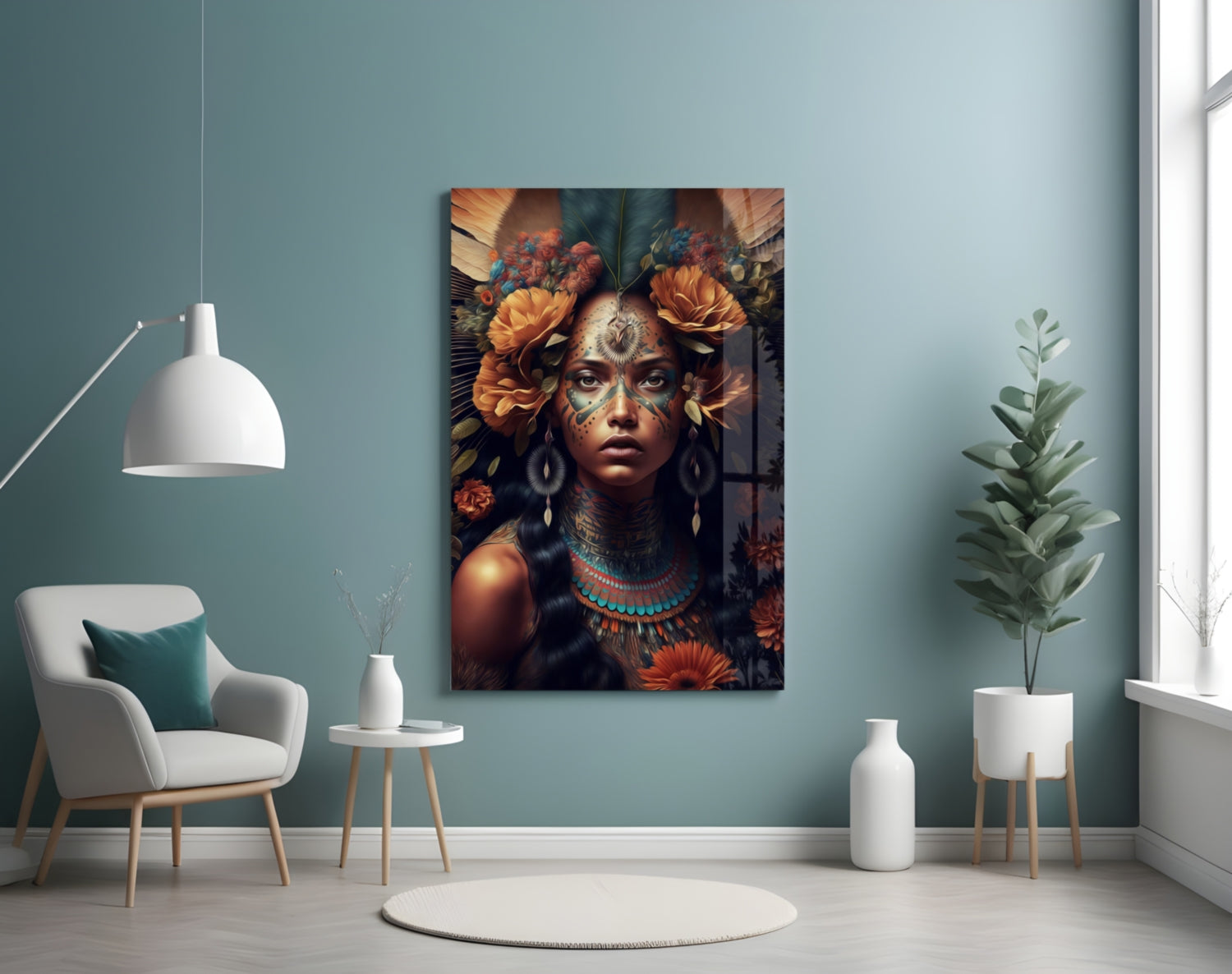 Orange Roses Green Feather Crown Woman Glass Wall Art
