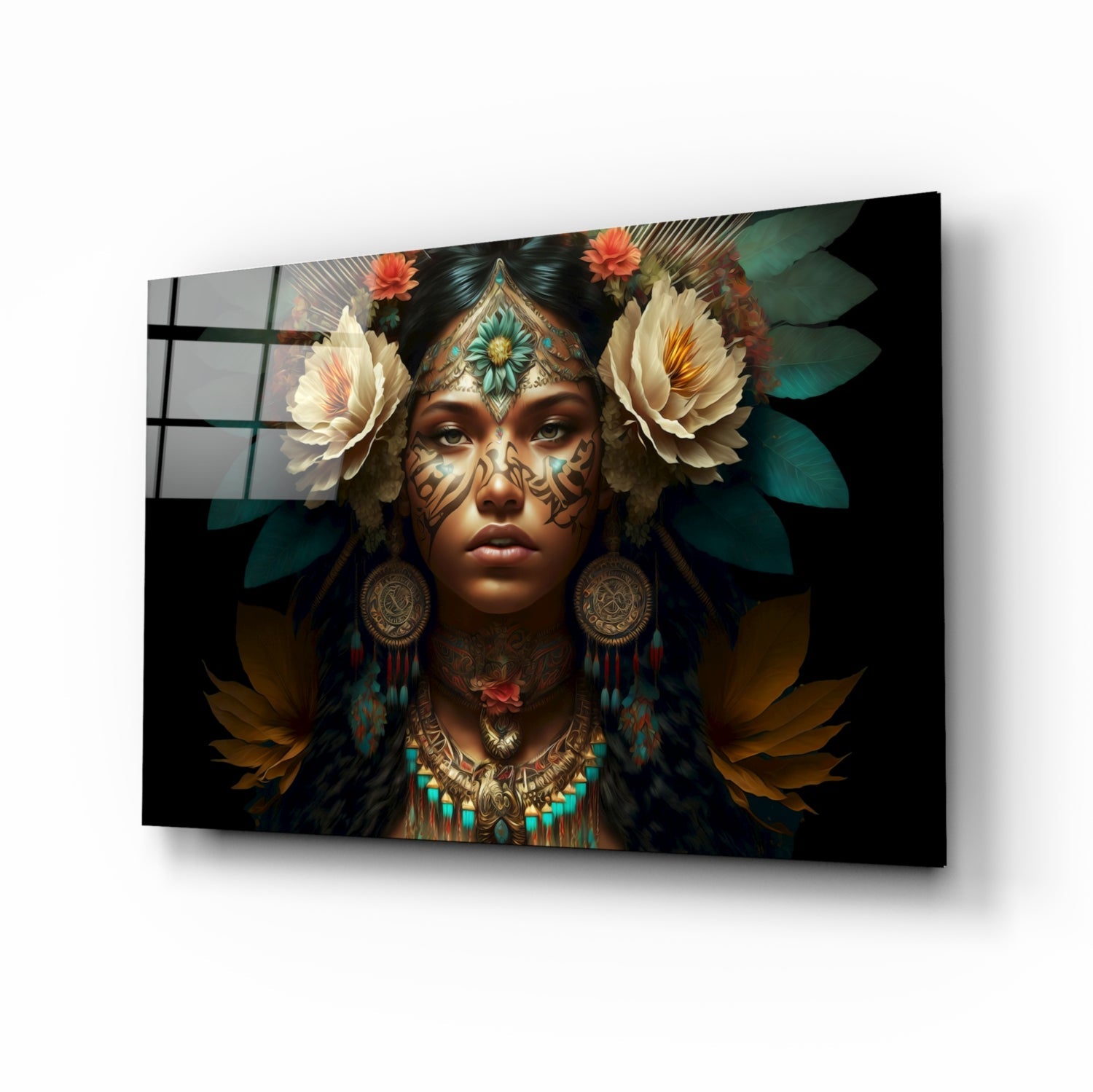 White Roses Gold Teal Headdress Woman Glass Wall Art
