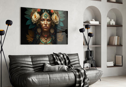 White Roses Gold Teal Headdress Woman Glass Wall Art