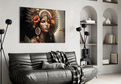 Red Bloom Feather Headdress Woman Glass Wall Art
