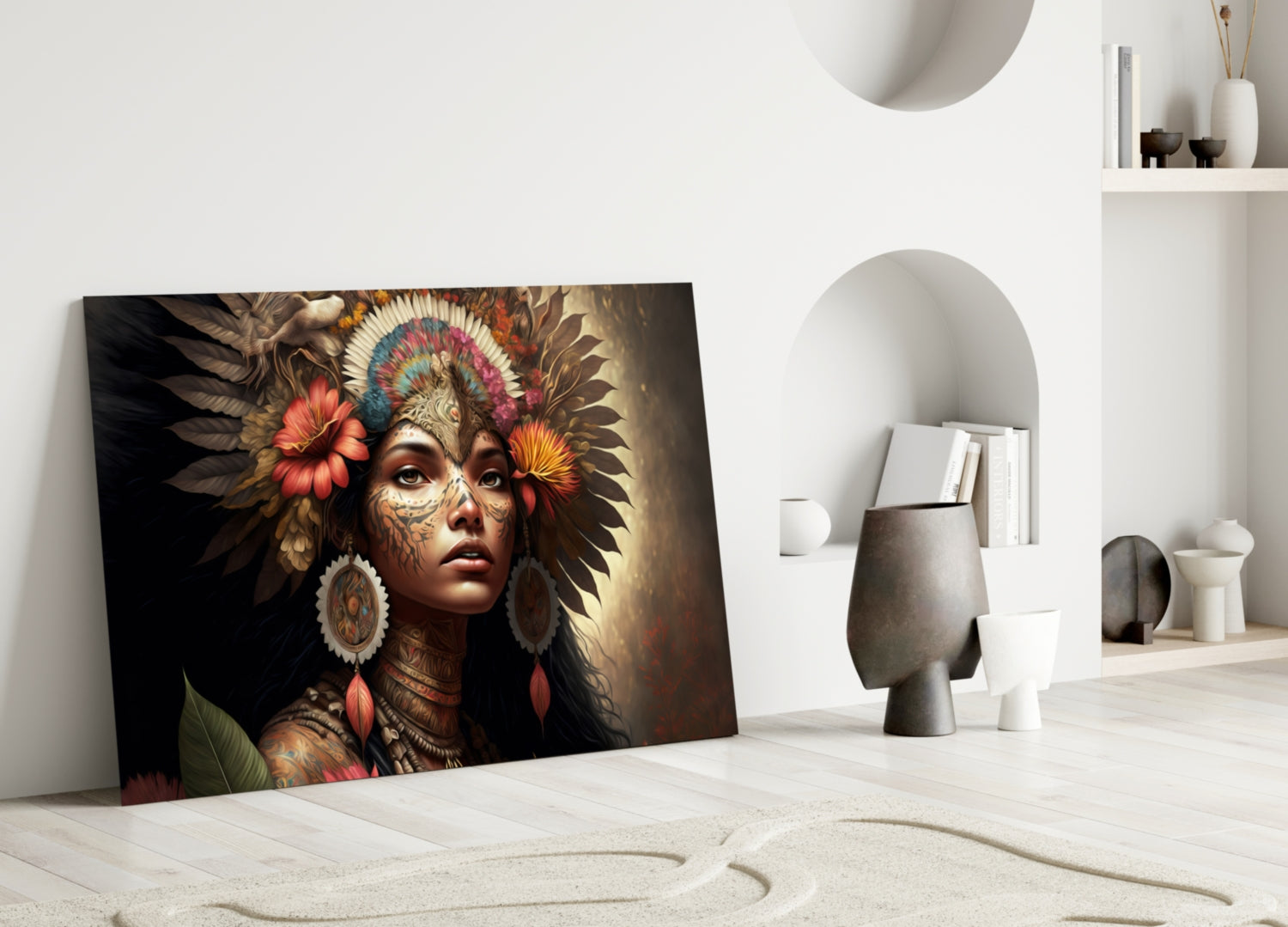 Red Bloom Feather Headdress Woman Glass Wall Art