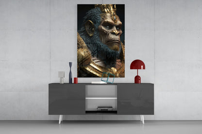 Blue Fur Gorilla in Gold Armor Glass Wall Art