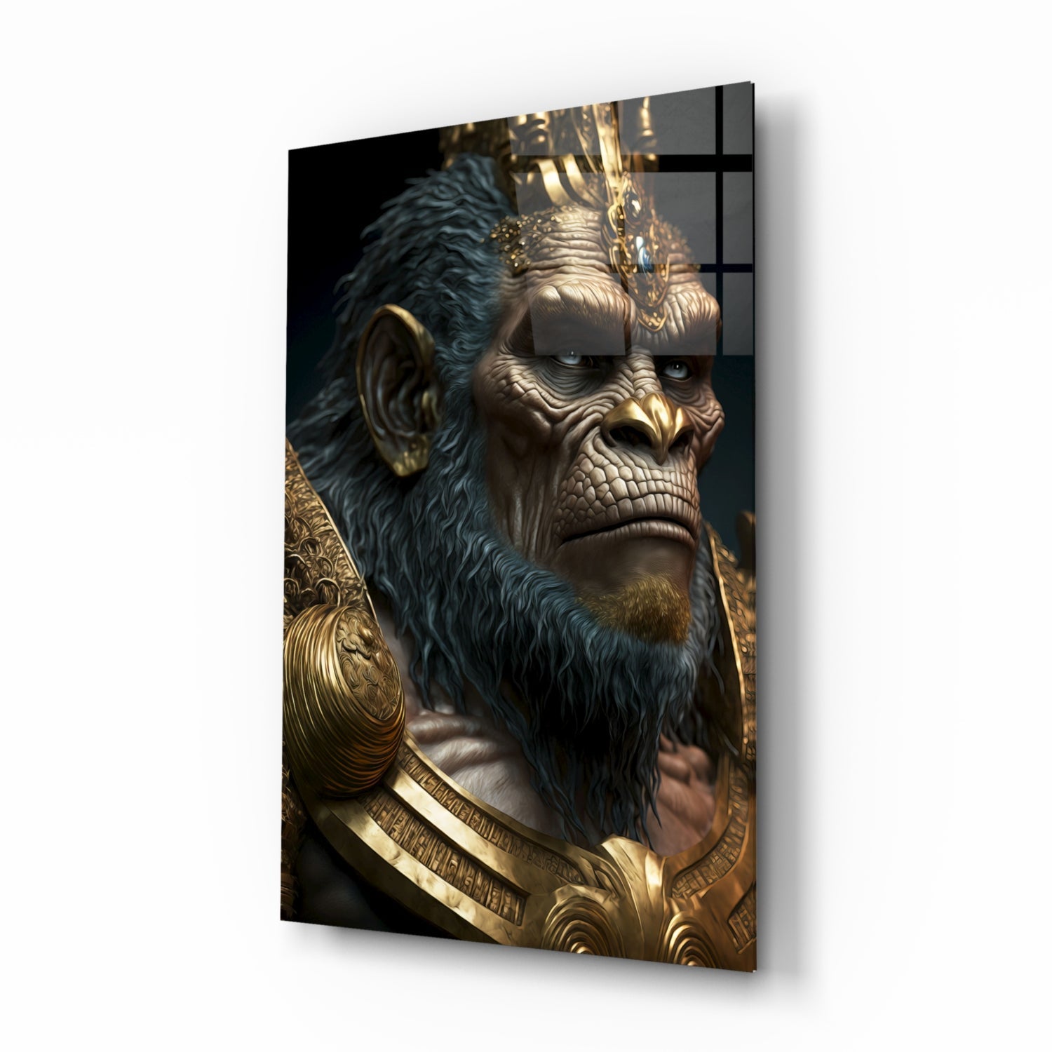 Blue Fur Gorilla in Gold Armor Glass Wall Art