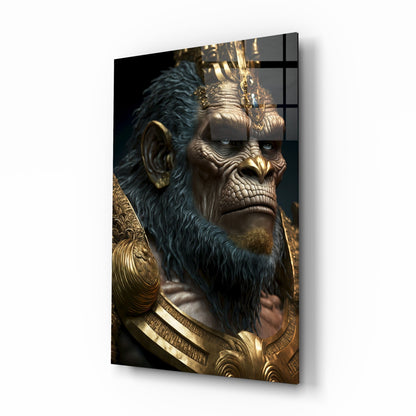 Blue Fur Gorilla in Gold Armor Glass Wall Art