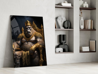 Gorilla King In Gold Robe On Throne Glass Wall Art