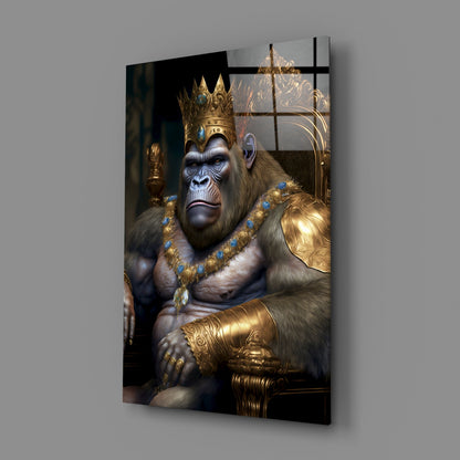 Jeweled Crown Gorilla In Gold Armor Glass Wall Art
