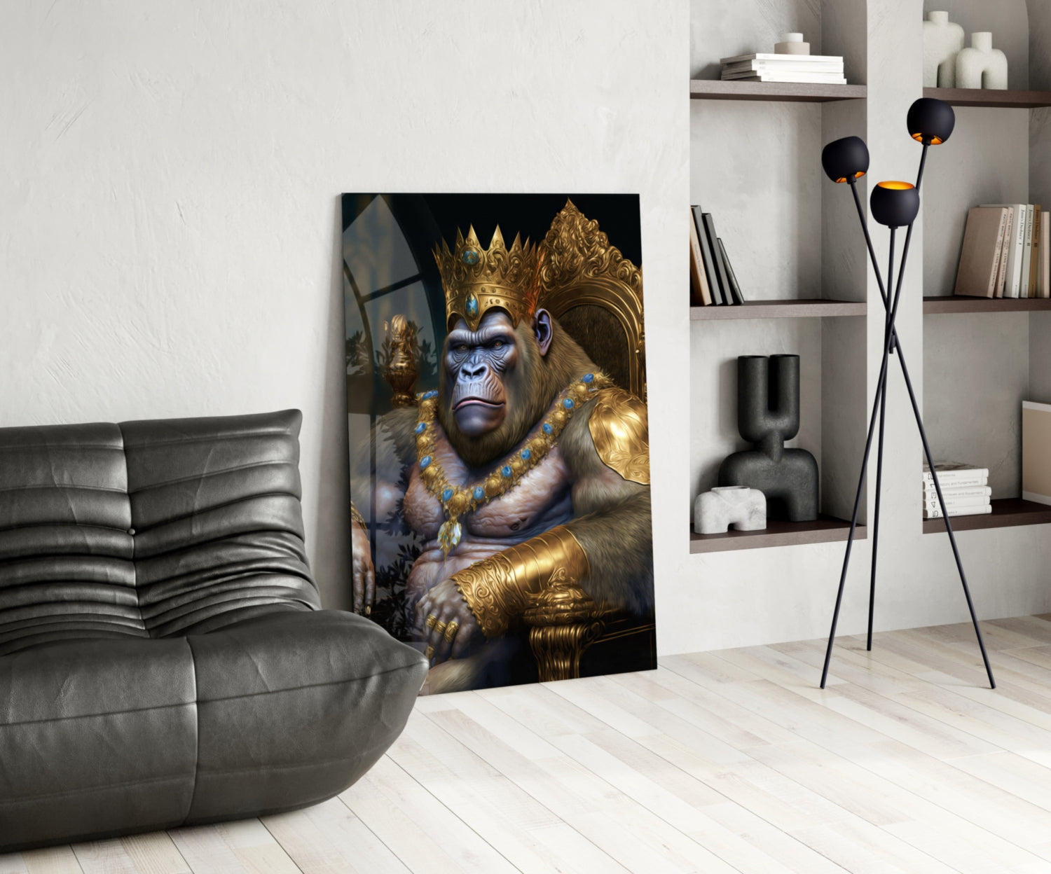 Jeweled Crown Gorilla In Gold Armor Glass Wall Art