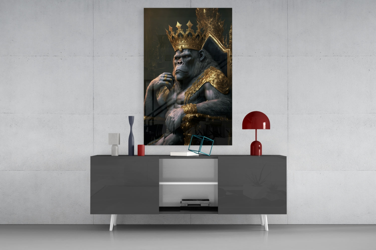 Crowned Gorilla On Golden Throne Glass Wall Art