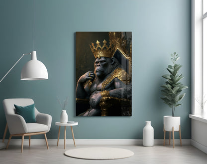 Crowned Gorilla On Golden Throne Glass Wall Art