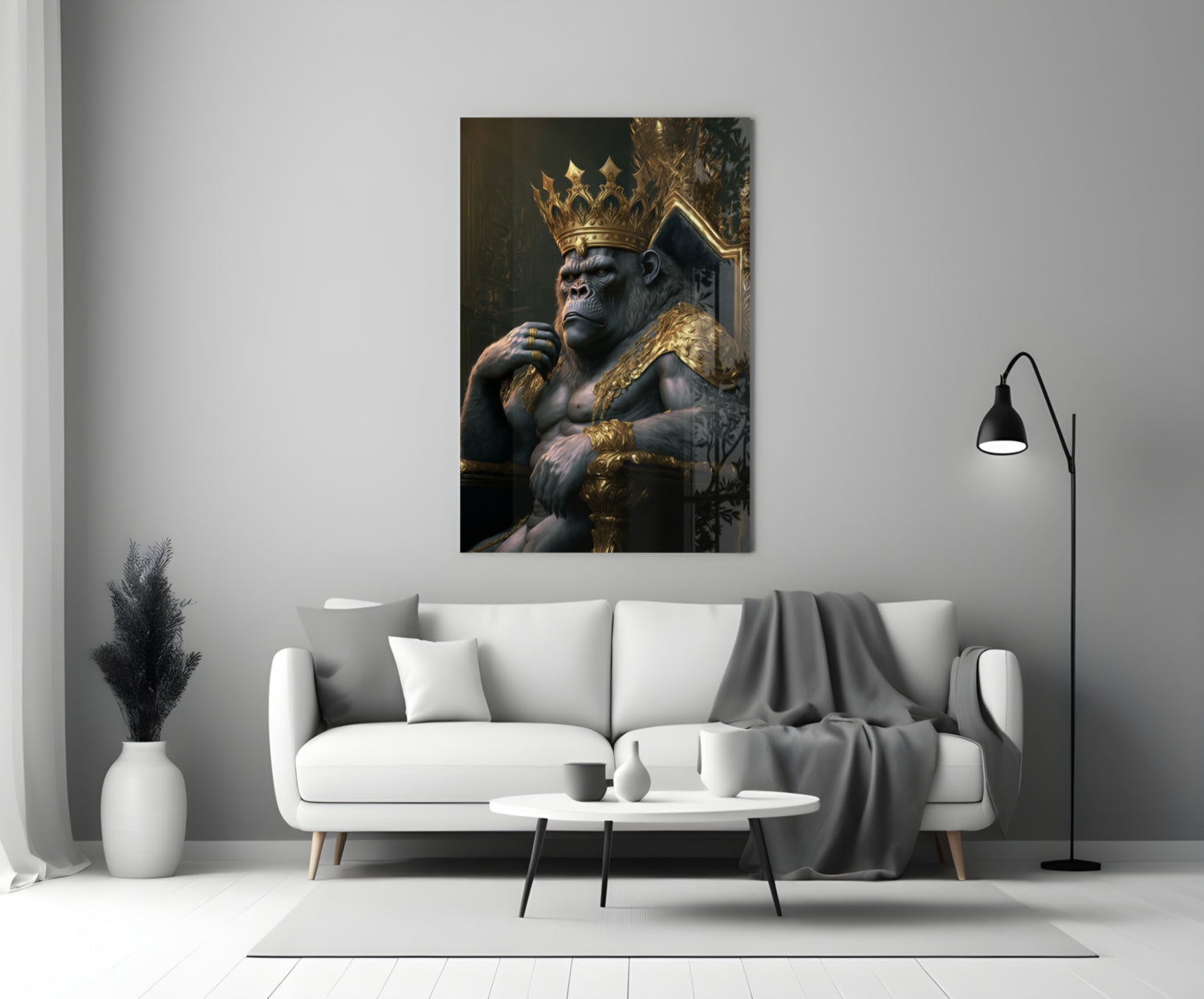 Crowned Gorilla On Golden Throne Glass Wall Art
