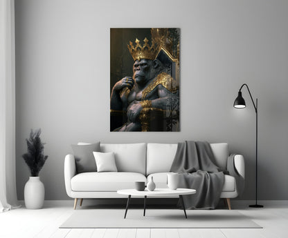Crowned Gorilla On Golden Throne Glass Wall Art