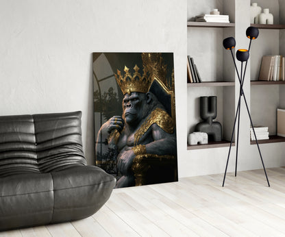 Crowned Gorilla On Golden Throne Glass Wall Art