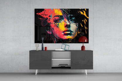 Neon Red Yellow Drip Face on Black Glass Wall Art