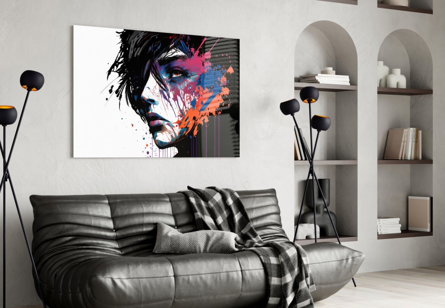 White Backdrop Splatter Woman Profile Glass Wall Art