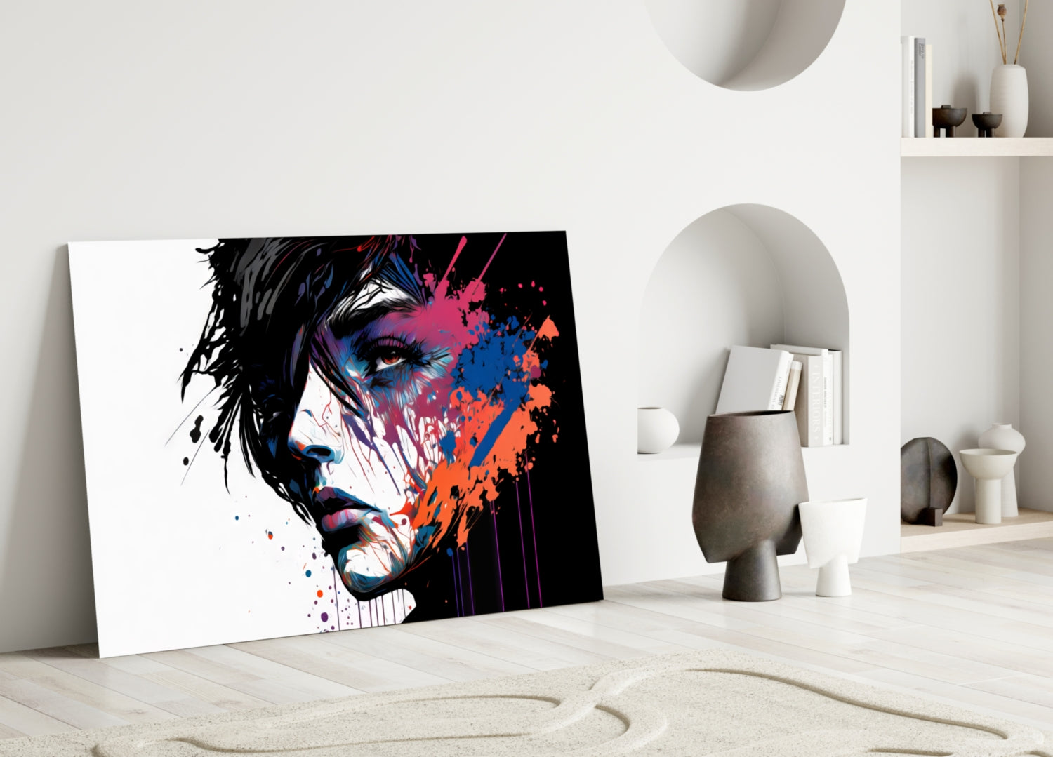 White Backdrop Splatter Woman Profile Glass Wall Art