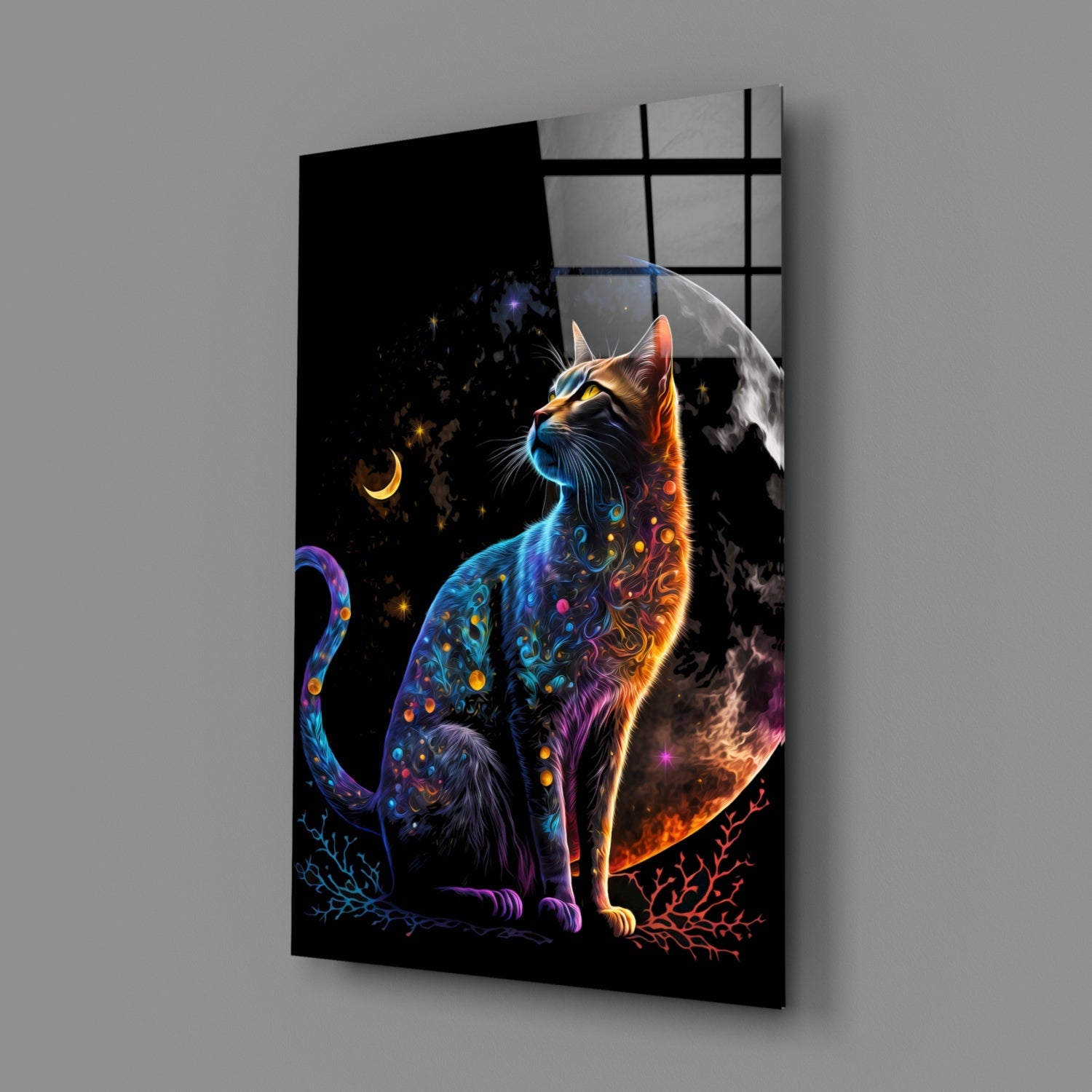 Jeweled Cat Under Crescent and Full Moon Glass Wall Art