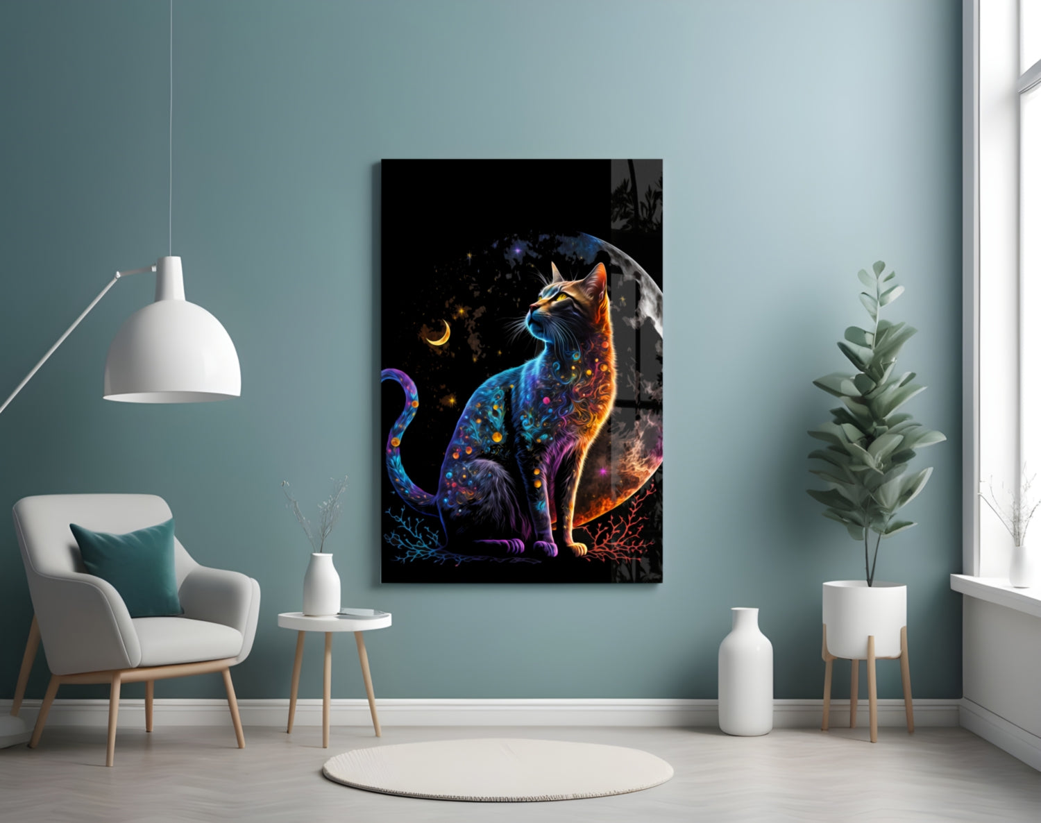 Jeweled Cat Under Crescent and Full Moon Glass Wall Art