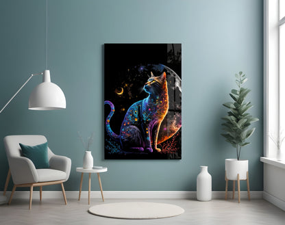 Jeweled Cat Under Crescent and Full Moon Glass Wall Art