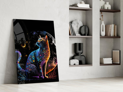 Jeweled Cat Under Crescent and Full Moon Glass Wall Art