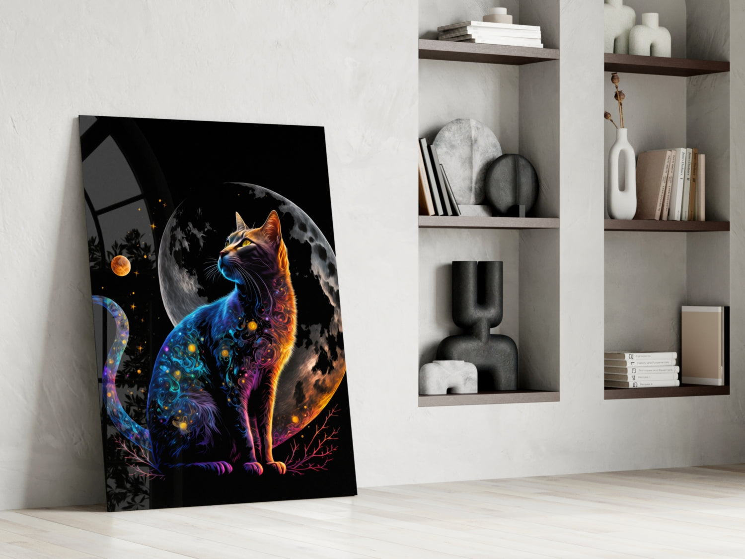 Glowing Blue Cat Silhouette Full Moon Glass Wall Art