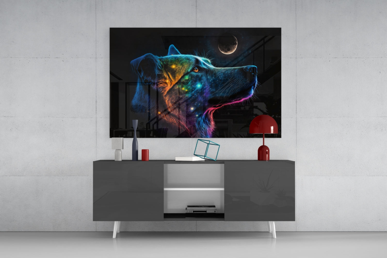 Neon Dog Profile Crescent Moon Glass Wall Art