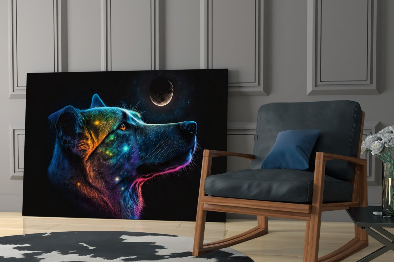 Neon Dog Profile Crescent Moon Glass Wall Art
