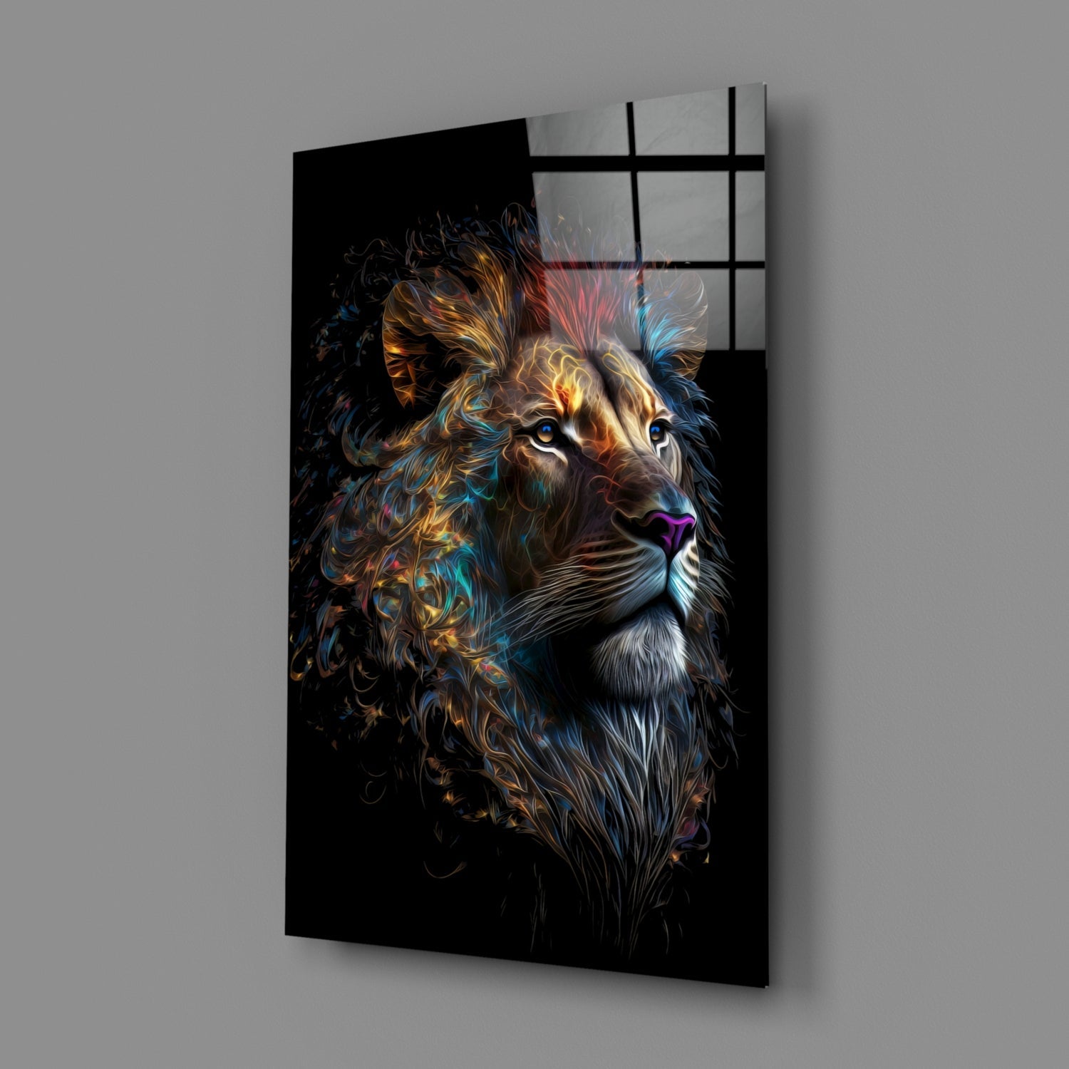Copper Blue Swirling Mane Lion Glass Wall Art
