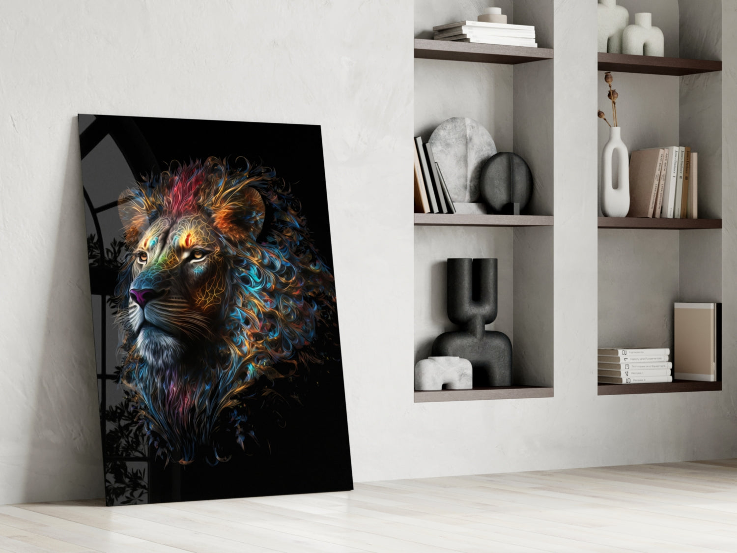 Jewel Tone Curly Mane Lion Portrait Glass Wall Art