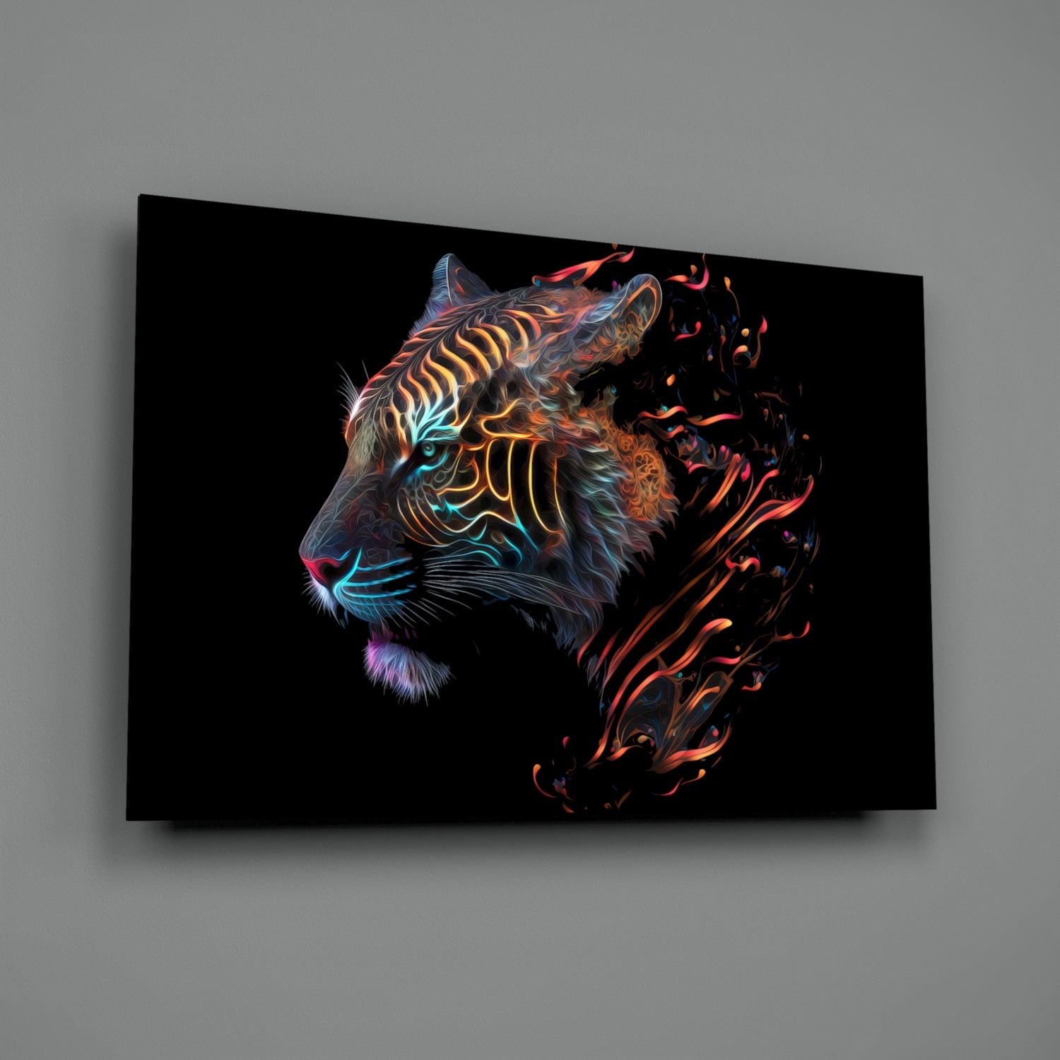 Neon Outline Tiger Head Flames Glass Wall Art