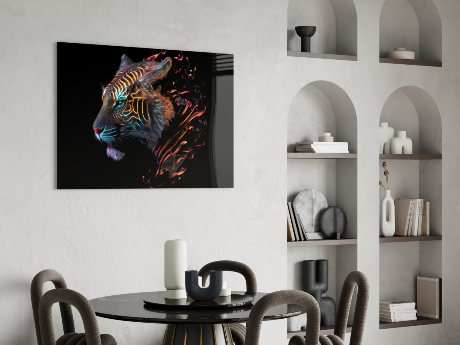 Neon Outline Tiger Head Flames Glass Wall Art