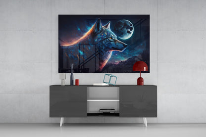 Blue Galaxy Wolf Profile Full Moon Glass Wall Art