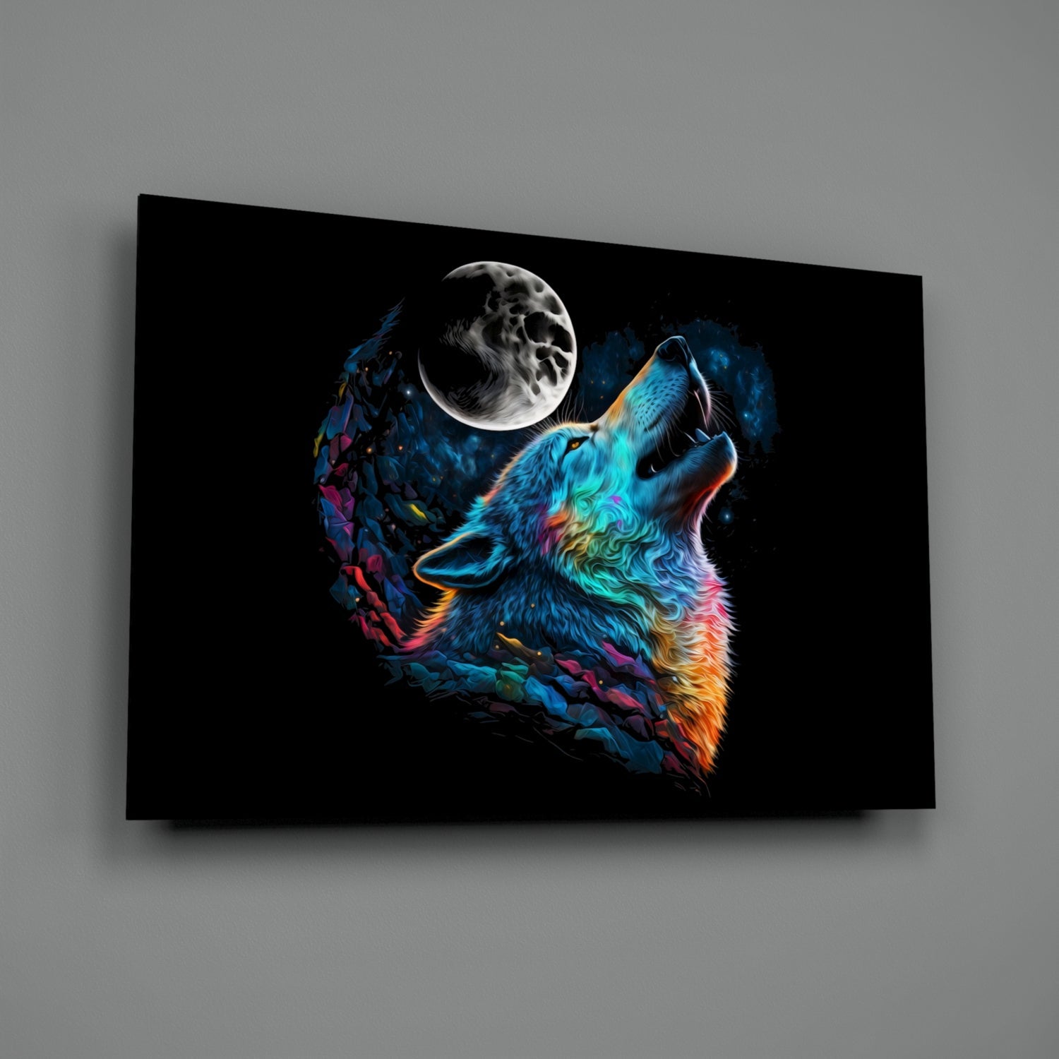 Rainbow Howling Wolf Head And Moon Glass Wall Art