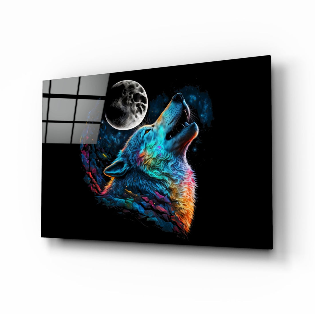 Rainbow Howling Wolf Head And Moon Glass Wall Art
