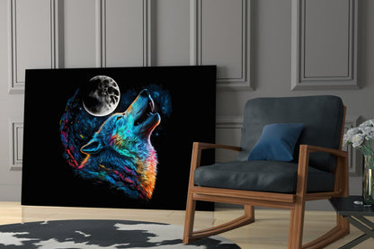 Rainbow Howling Wolf Head And Moon Glass Wall Art