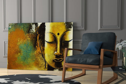 Golden Yellow Serene Buddha Face Glass Wall Art