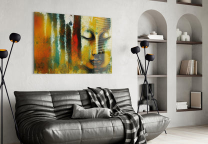 Buddha Face Teal and Rust Abstract Glass Wall Art