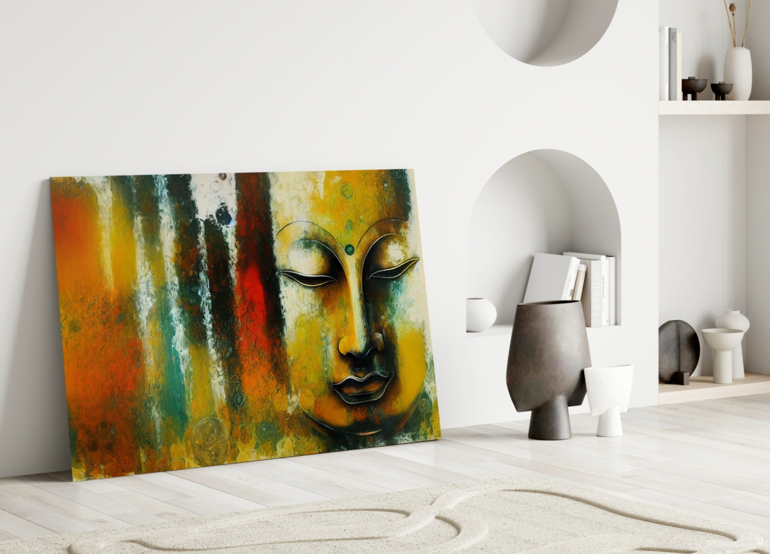 Buddha Face Teal and Rust Abstract Glass Wall Art