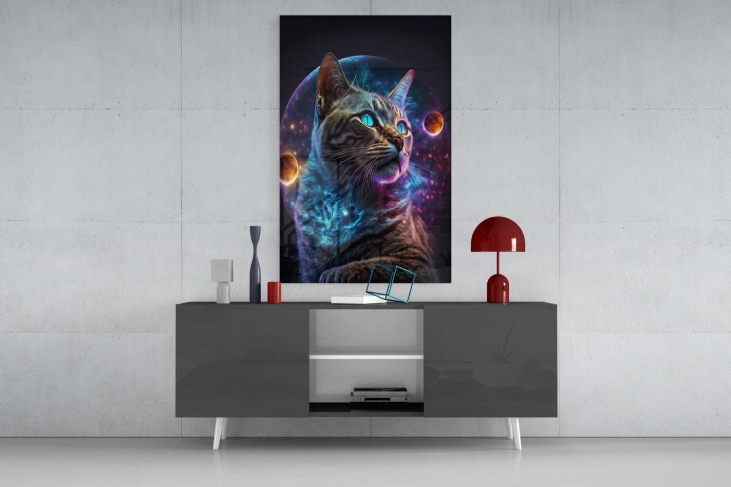 Tabby Cat With Cosmic Planet Orb Glass Wall Art