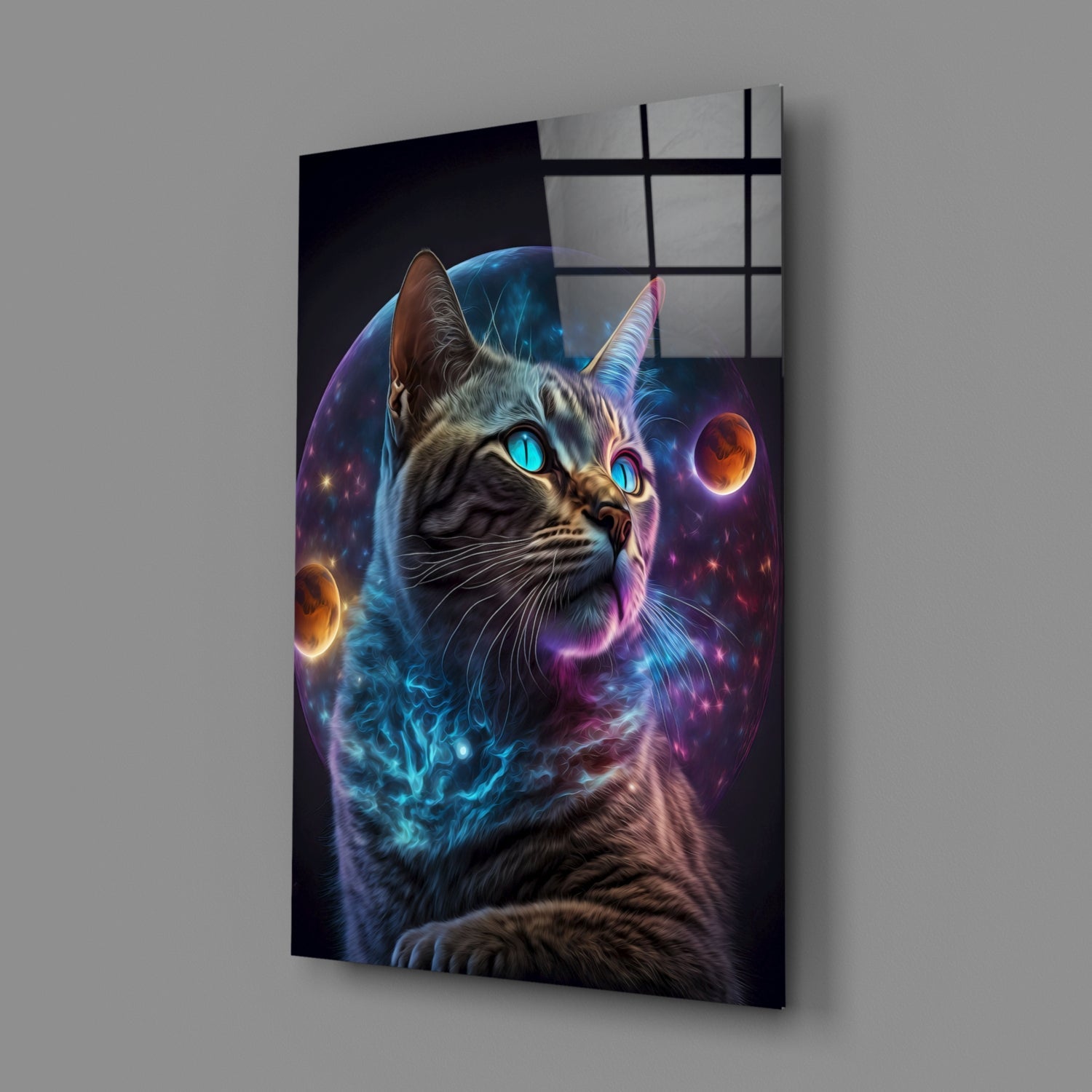 Tabby Cat With Cosmic Planet Orb Glass Wall Art