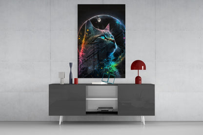 Rainbow Neon Fur Cat Moon Portrait Glass Wall Art