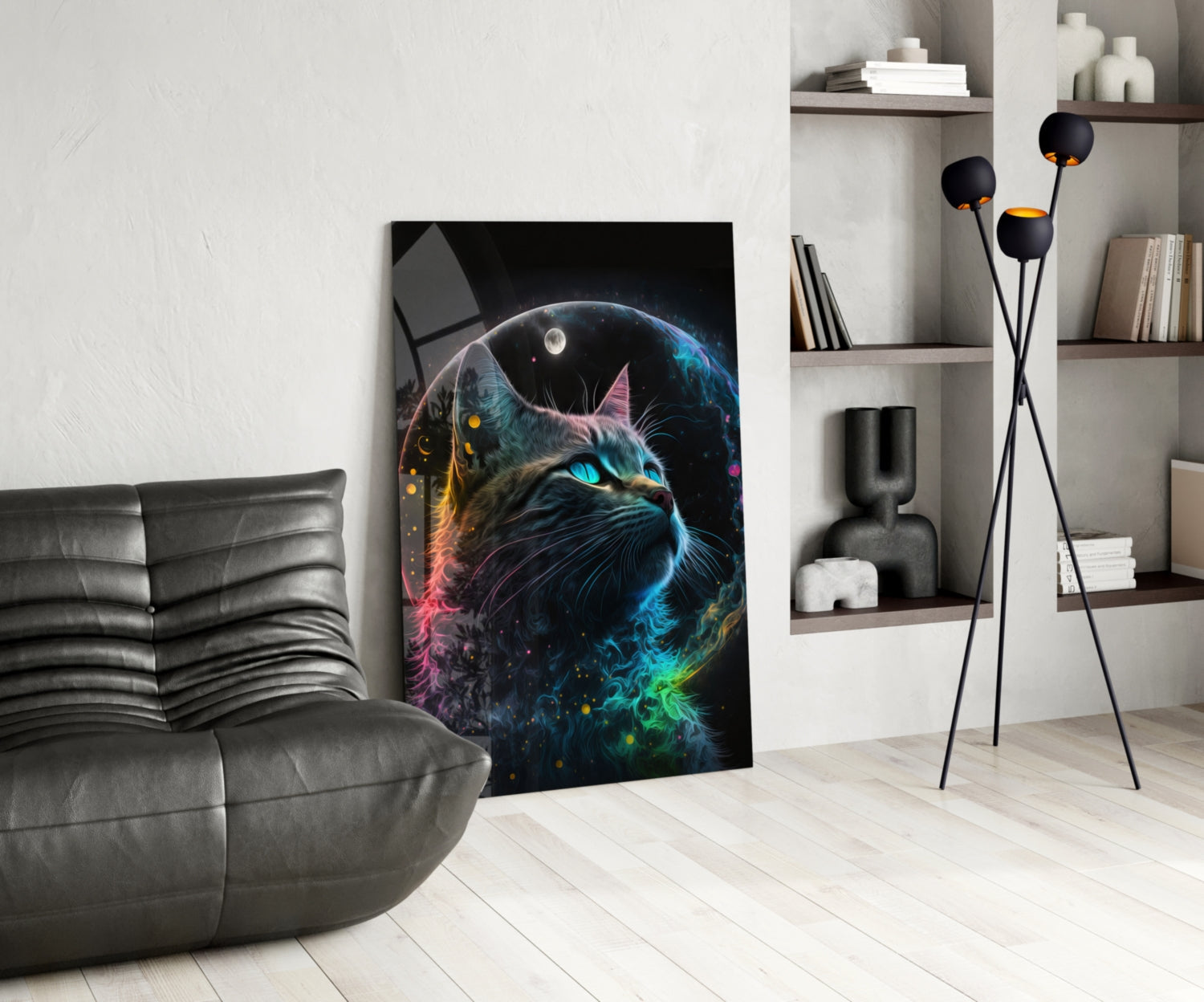 Rainbow Neon Fur Cat Moon Portrait Glass Wall Art