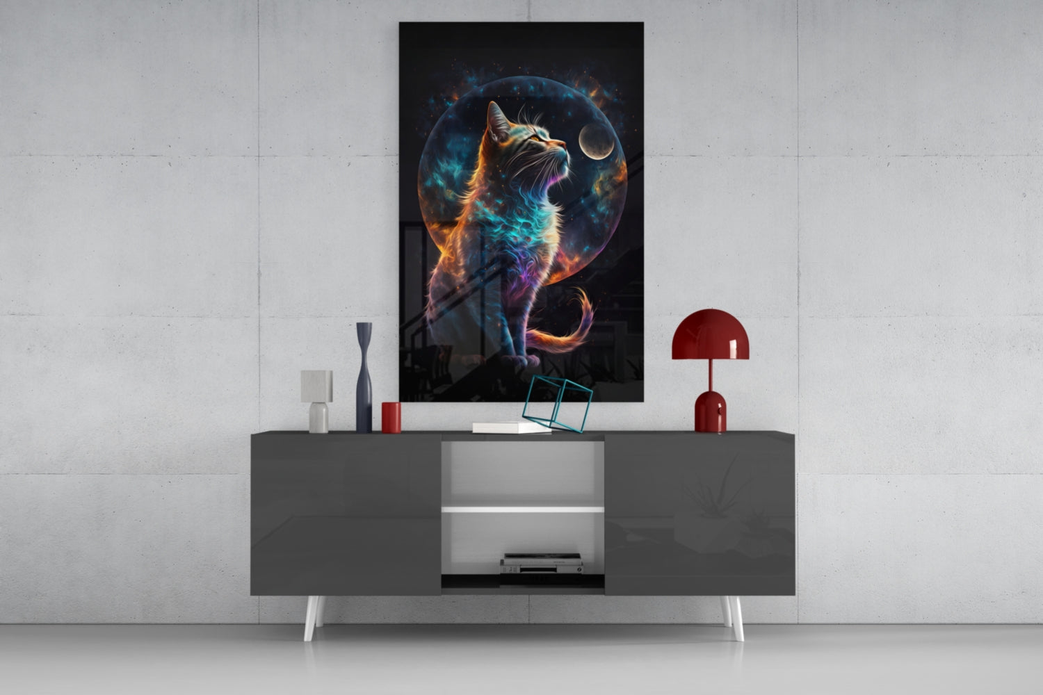 Nebula Fur Cat With Crescent Moon Glass Wall Art