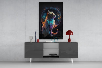 Nebula Fur Cat With Crescent Moon Glass Wall Art