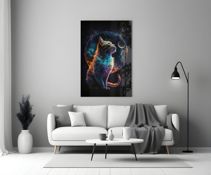 Nebula Fur Cat With Crescent Moon Glass Wall Art